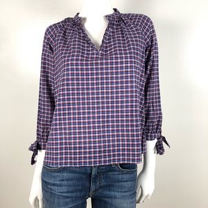 Madewell Tie-Sleeve Popover Top in Whitby Red White Blue Plaid XS Lightweight